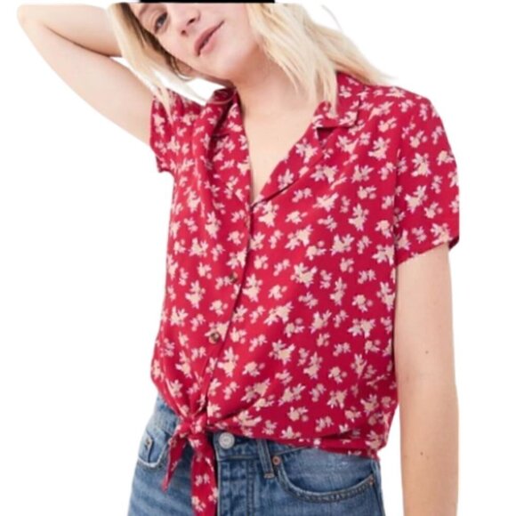 🎁3 for $30 Aeropostale Red Floral Tie Front Button Down Shirt Size - Picture 8 of 8